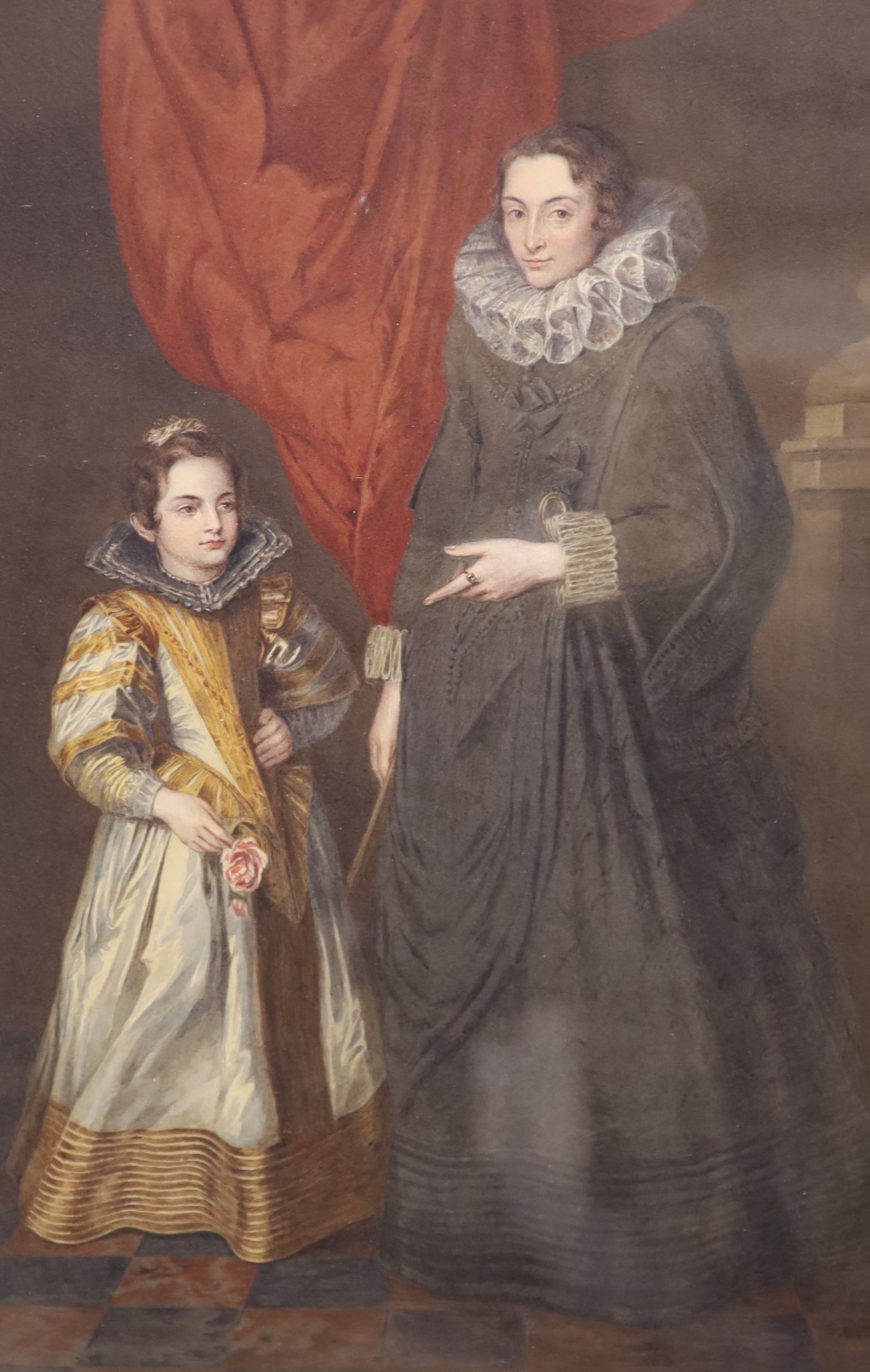 English School c.1900, watercolour, Portrait of a 17th century mother and child, 47 x 33cm